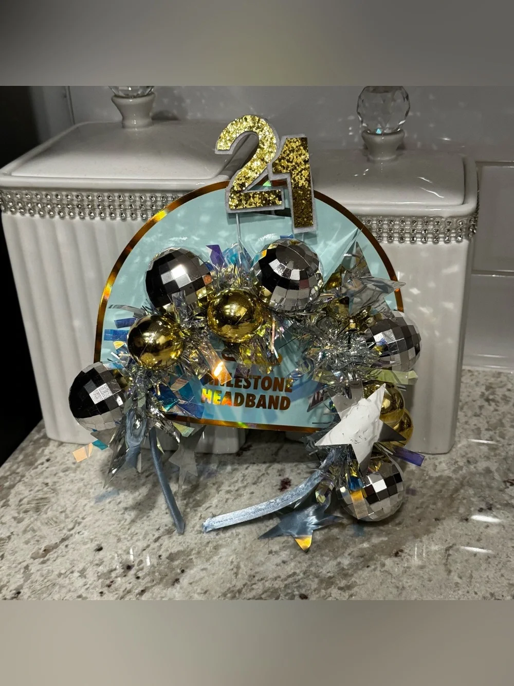Sparkling 21 Celebration Headband - Light Blue and Gold